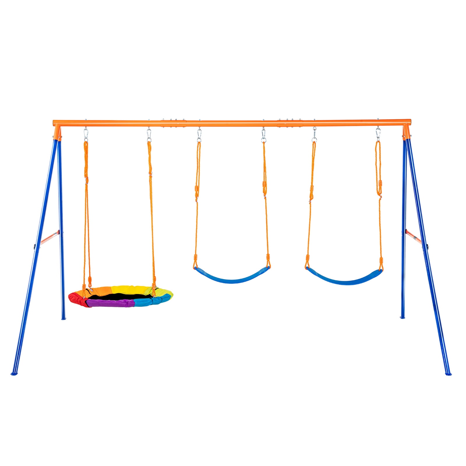 KFFKFF Outdoor Swing Set for Children, Capable of Supporting 600lbs, Includes 1 Round Swing Chair, 2 Strap Swing Seats, Robust A-Shape Metal Swing Frame and Modifiable Rope, Kids' Backyard Swingset