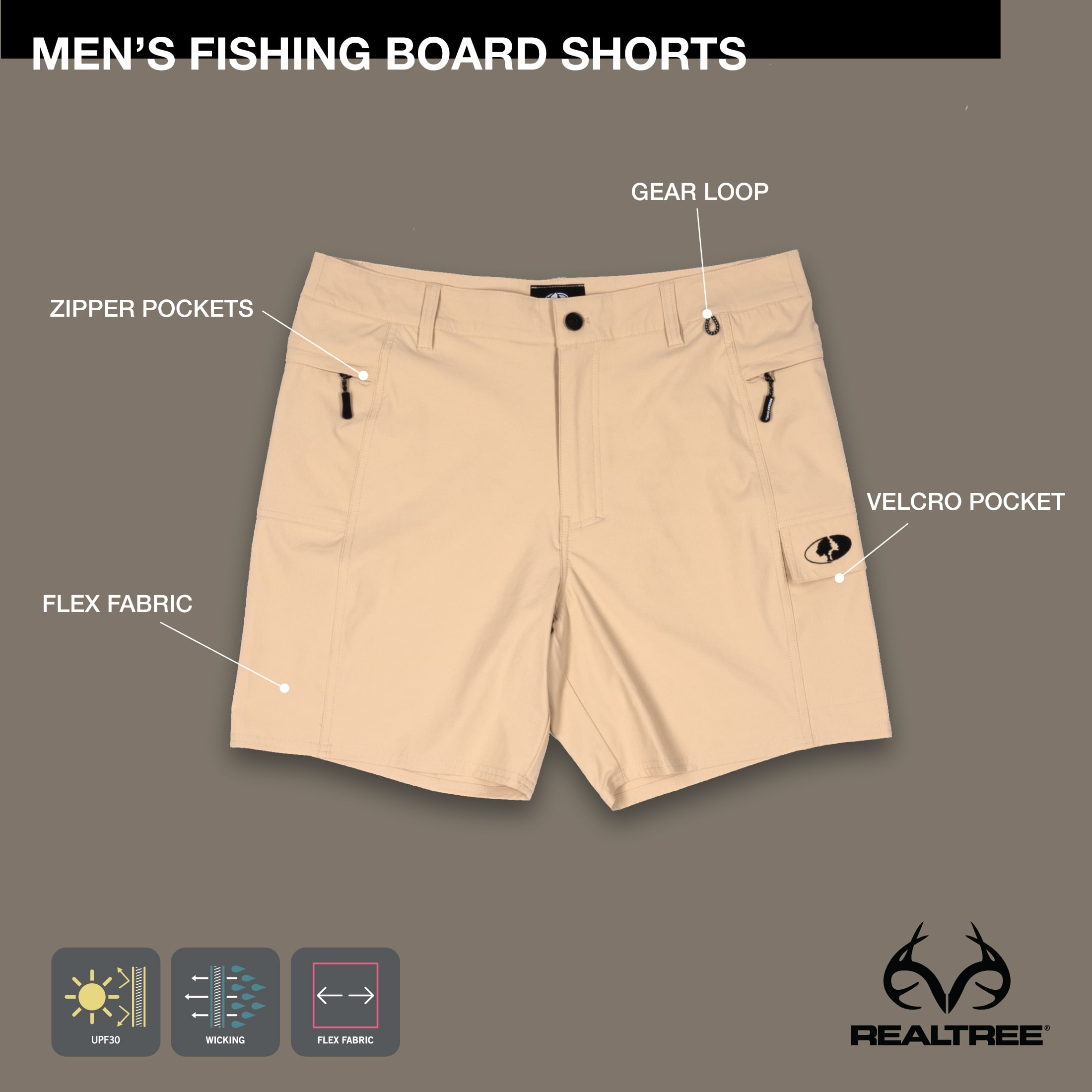 Men's Mossy Oak Board Shorts, Tan Sesame, M