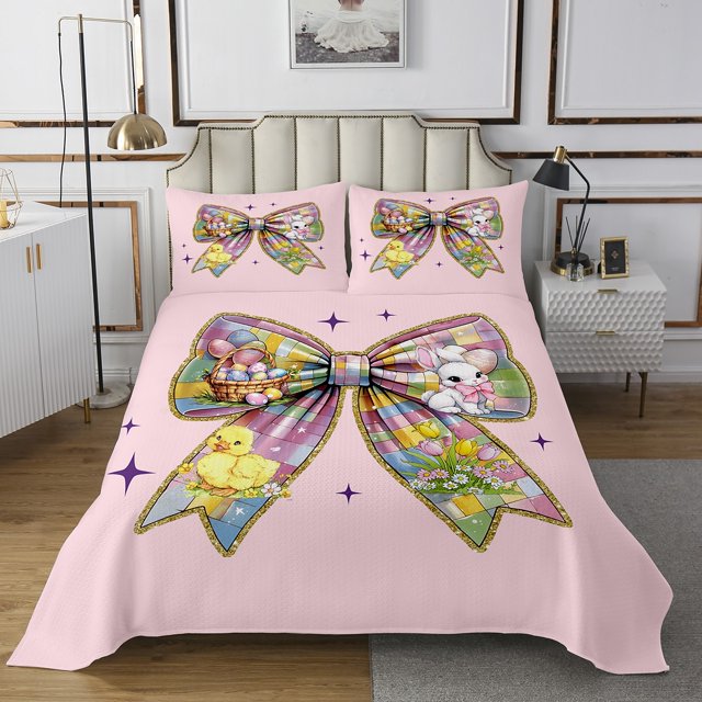 Erosebridal Pink Bowknot Coverlet Set King,Checkered Grid Bedding Set,Dreamy Princess Decor,Breathable,3pcs