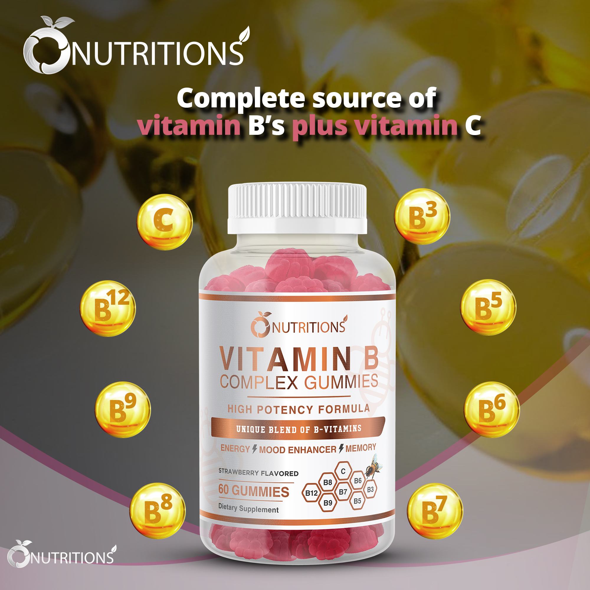 O Nutritions 2 Pack Vitamin B Complex Vegan Gummies with Vitamin B12, B7 as Biotin , B6, B3 as Niacin, B5, B6, B8, B9 - image 3 of 5