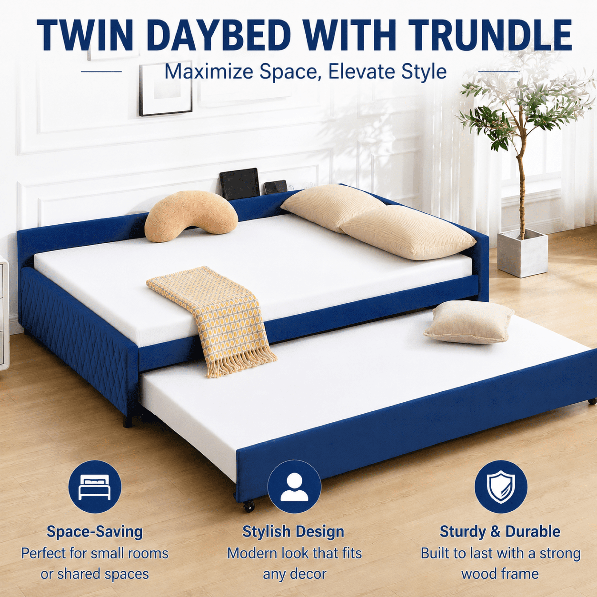 Leumius Upholstered Daybed with Trundle,Sturdy Wooden Bed Frame, Modern Diamond Grid Design for Bedroom Guest Room (Navy)