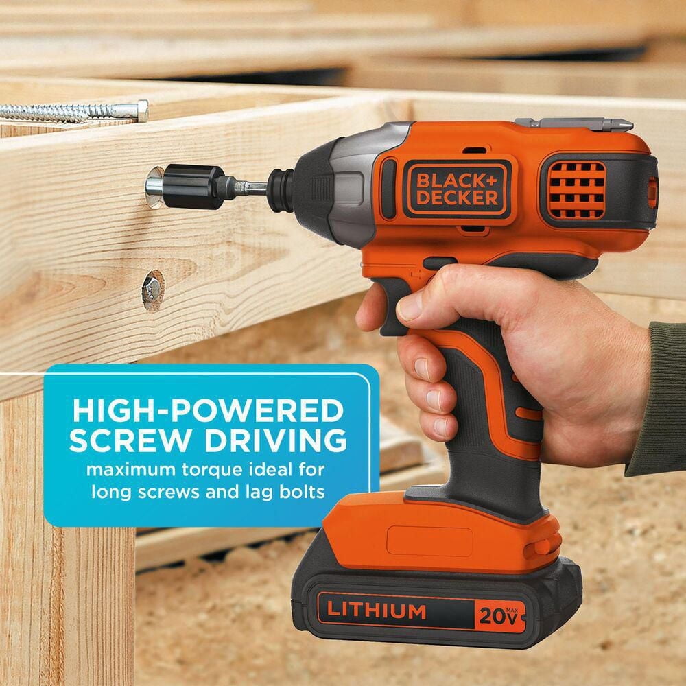 Black & Decker 20V MAX* POWERCONNECT™ 1/4 in. Cordless Impact Driver Kit, B&D 20V Impact has 1,375 in-lb. of torq