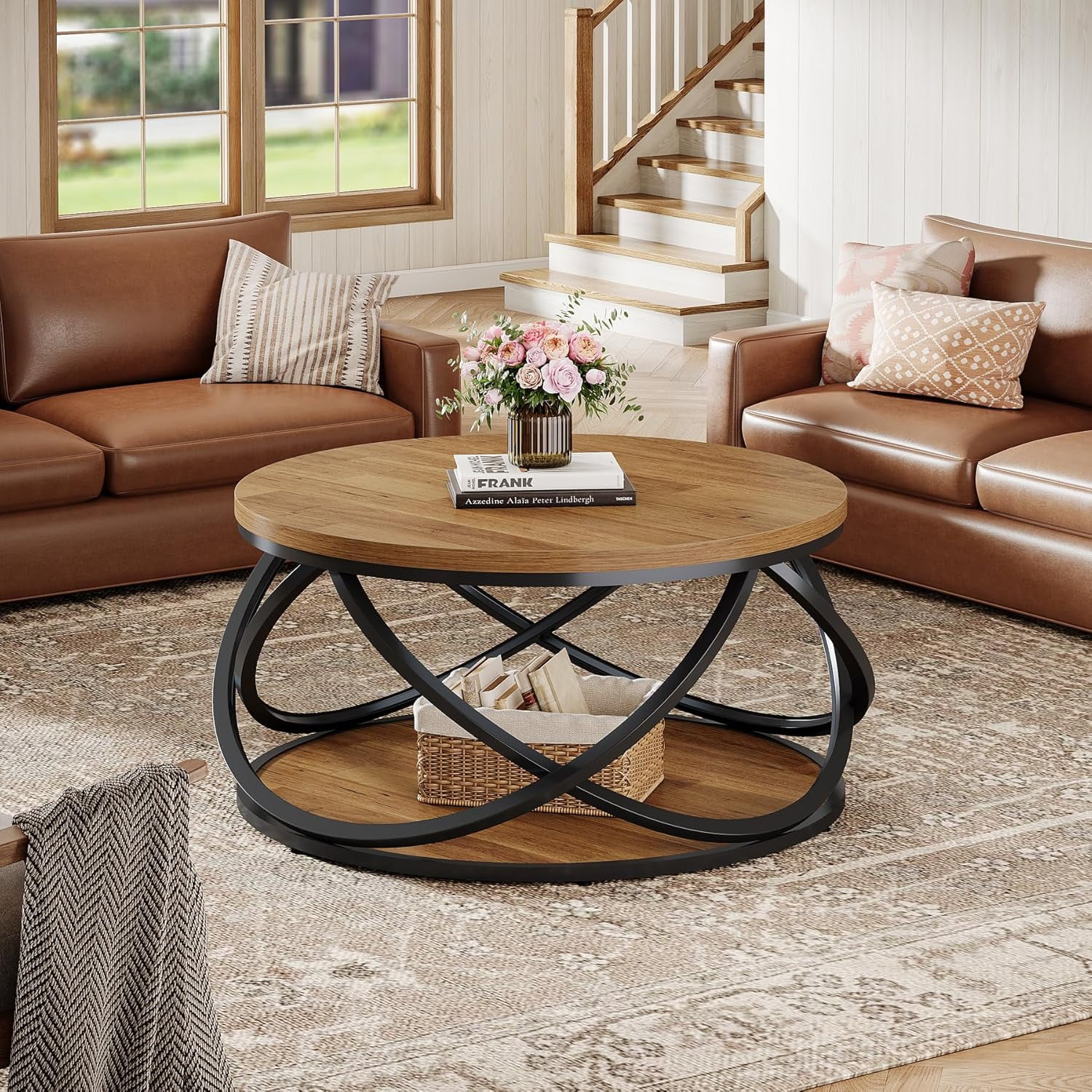 Tribesigns 31.5" Round Coffee Table, 2-Tier Circle Center Table with Metal Frame, Rustic Accent Cocktail Table for Living Room, Small Space, Brown & Black