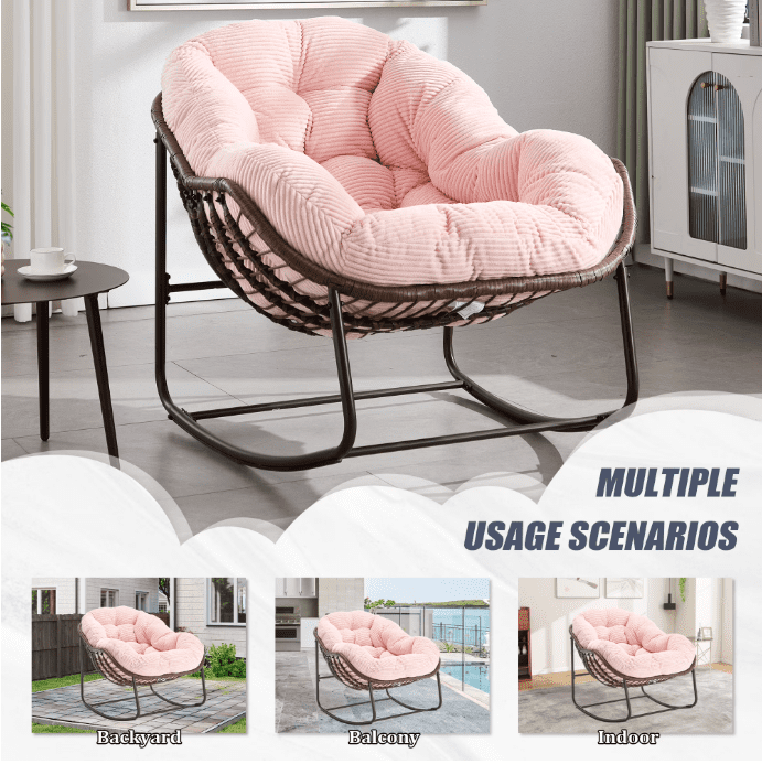 Outdoor Rocking Chair, Wicker Egg Rocking Chair Rattan Papasan Rocker with Thick Cushion