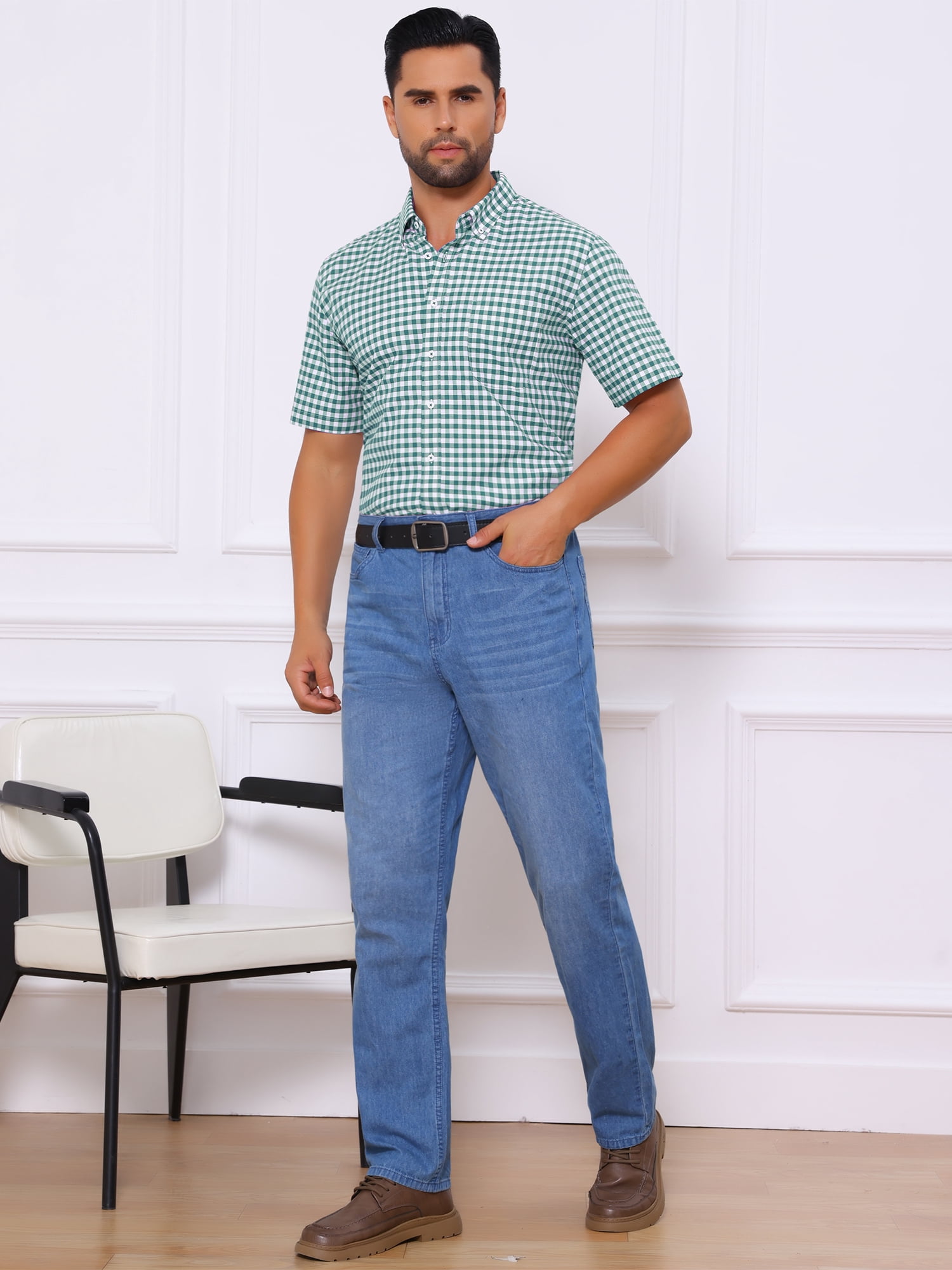 DARING DIVA Men's Point Collar Short Sleeve Button Business Plaid Shirts XL Green White