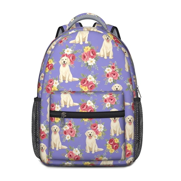 Golden Retriever and Floral Purple Backpack for School, Cute School Bag with Adjustable Shoulder Straps and Padded Back, 15.3"x11"x6.7"