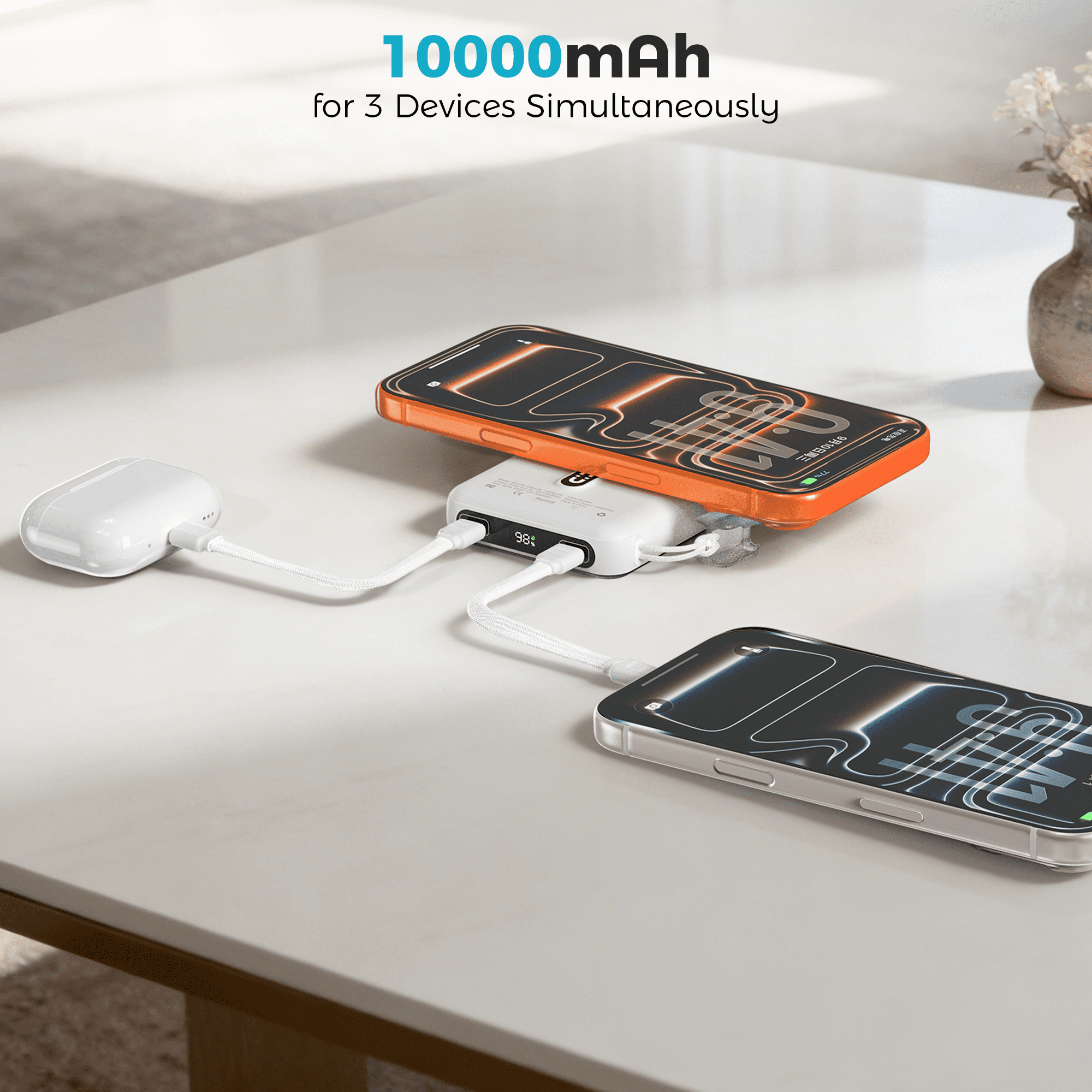 OWNTECH 10000mAh Magnetic Wireless Power Bank with Smart Display, 22.5W PD Fast Charging Portable Charger, Built-in Foldable Stand & USB-C Cable Compatible with iPhone 17/16/15/14 Series (White)