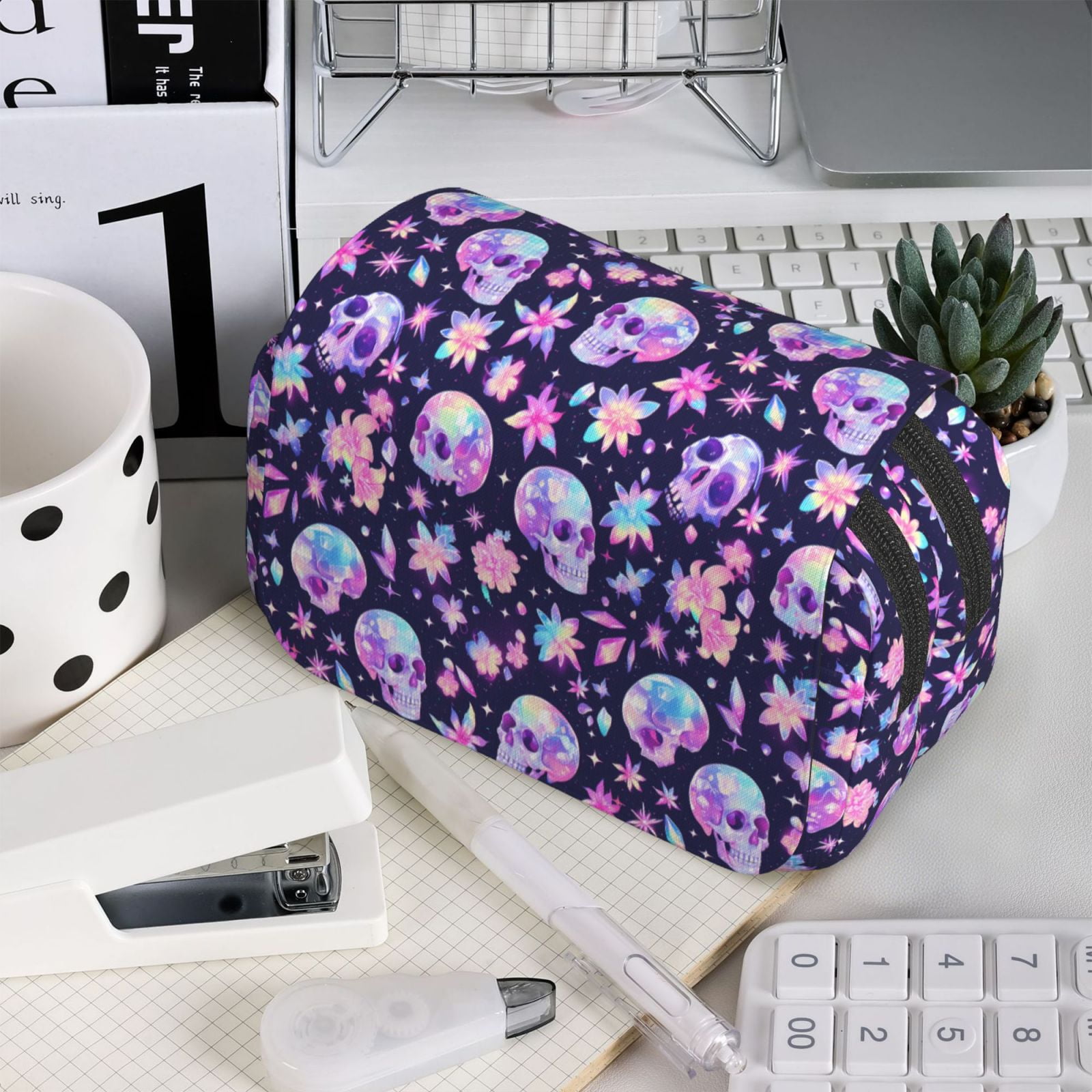 Rateoe crystal Skull flower cool Pattern Double Clamshell Pen Case, Storage Organizer with Two Zipper Compartments– Holds Up to 50 Pencils & Pens