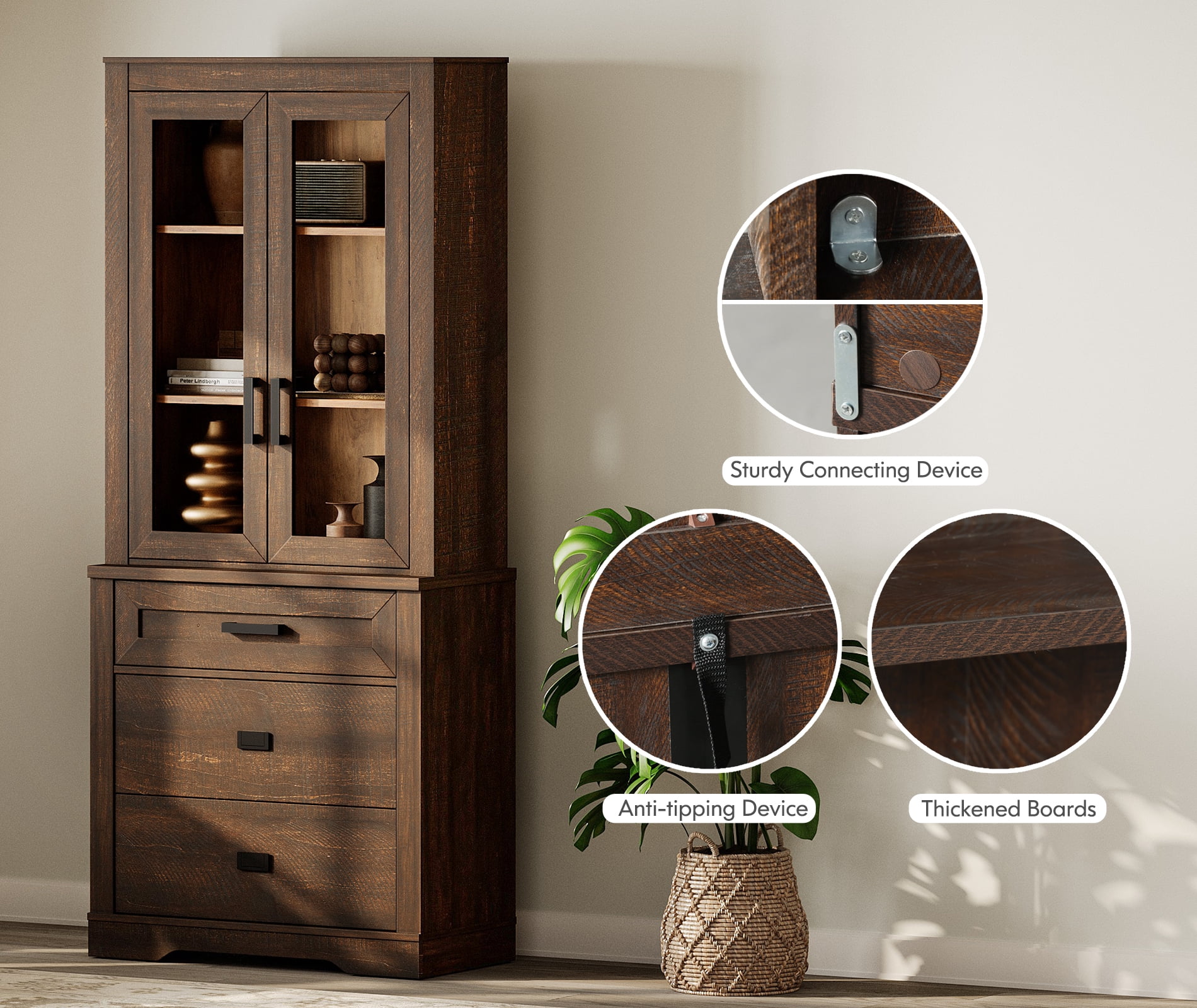 WAMPAT 3 Tier Bookcase with Drawer,73.3" Tall Floor Standing Bookshelf,Modern Farmhouse Display Storage Cabinet with Adjustable Shelves,Espresso