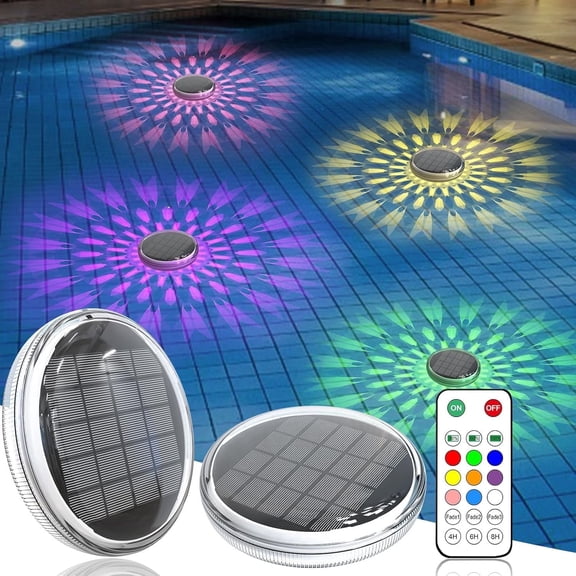VFM Solar Rechargeable Floating Pool Lights (2 and 4 Packs), Pool Lights That Float with Remote Control, 9 Lighting, Timing Mode, IPX7 Waterproof for Inground Pool, Bathroom, Bathtub, Pool Party