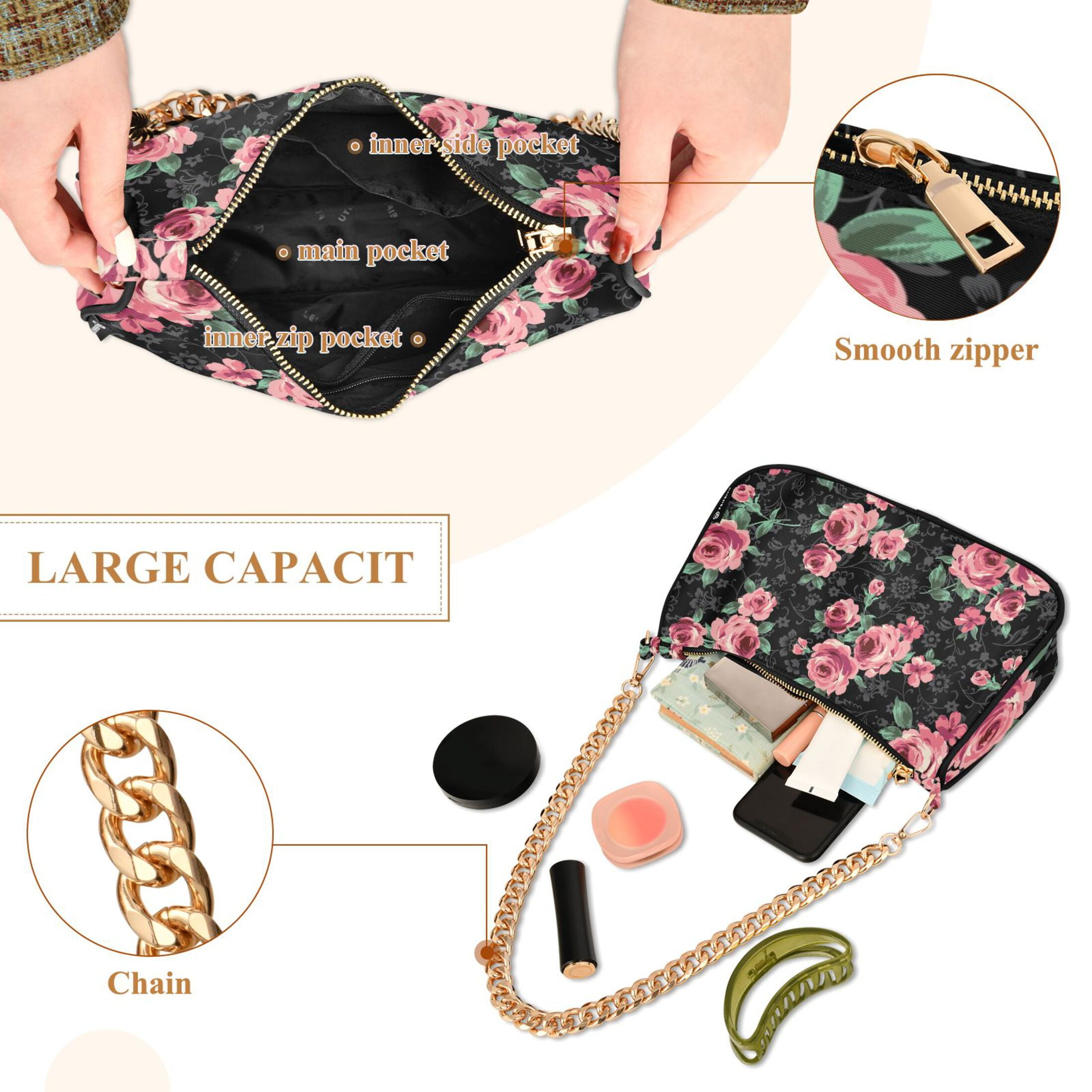 Pink Rose Flower Pattern Womens Chain Shoulder Bag Tote Handbag Clutch Hobo Purse with Zipper for Travel Casual