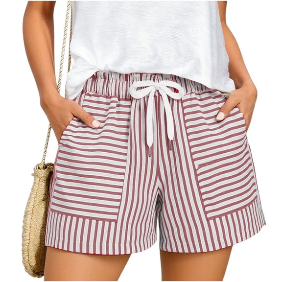 Erwazi Women's Striped Shorts Casual Elastic Waist Drawstring Lounge Shorts with Expanding Pockets