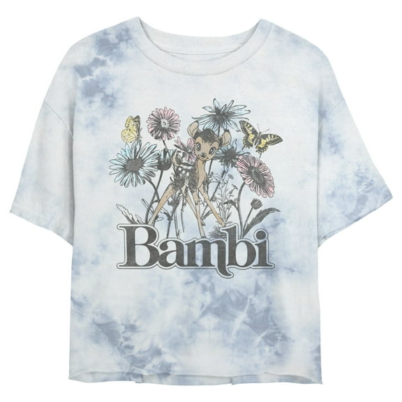 Junior's Bambi Floral Color Sketch Graphic Crop T-Shirt White/Blue 2X Large