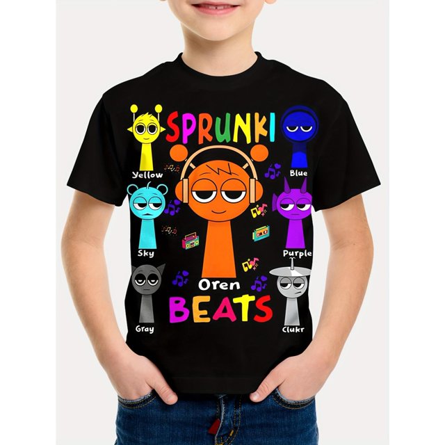 T-Shirts Garçons T-Shirt Décontracté en Coton Personnages de Dessin Animé Vibrants & Notes de Musique Imprimé Col Rond, Manches Courtes Lavable en Machine Idéal pour Activités Extérieures d'Été, Jeunes Ludiques