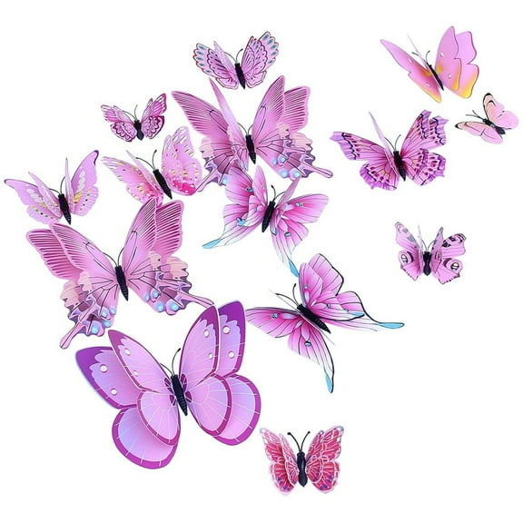 3D Butterfly Wall Decals,Removable Mural Wall Sticker,Beautiful Butterfly Stickers,DIY Art Decor Wall Stickers & Murals for Bedroom TV Background Living Room Showcase Decor,24 Pcs,Pink