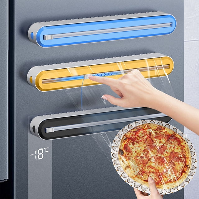 Dispensador magnético de film transparente con cortador para papel de aluminio y papel de horno • Recargable • Dispensador de aluminio y film transparente de 14,5" • Negro/amarillo/azul