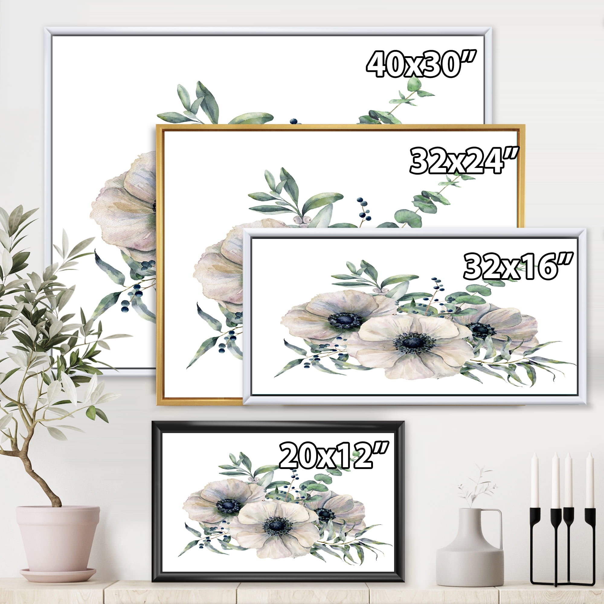 Designart 'Eucalyptus Leaves With White Anemone Bouquet' Traditional Framed Canvas Wall Art Print