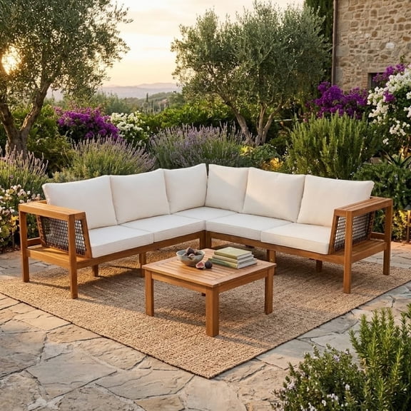 4 Pieces Outdoor Acacia Wood Sectional Sofa Set with Cushions & Coffee Table, Patio Furniture Set with Woven Mesh Armrests and Side Table