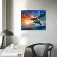 thumbnail image 3 of JRXY  Canvas Print Wall Art Dolphin Duo with Sunset Ocean Horizon Nature Wilderness Photography Modern Art Rustic Scenic Colorful Multicolor for Living Room, Bedroom, Office 16x12in, 3 of 4