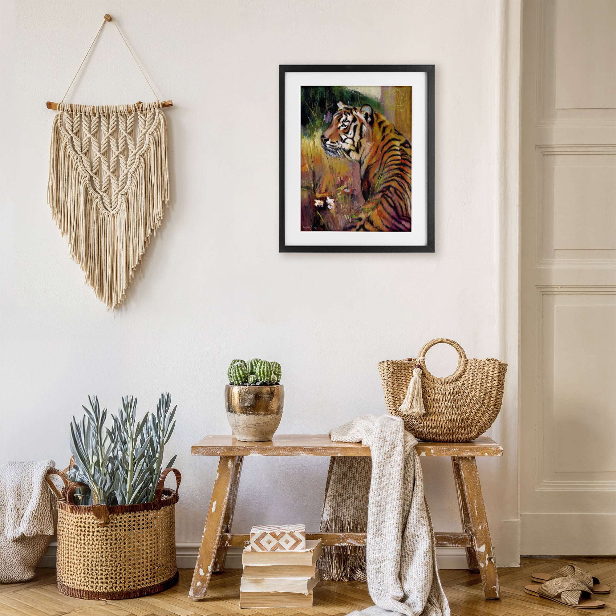 Stupell Industries Patience Tiger in Wait Black Framed Print Under Glass, design by Karen Chang