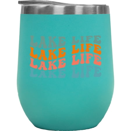 

Lake Life Living on the Lake Themed Groovy Retro Wavy Text Merch Gift Mint 12oz Wine Tumbler