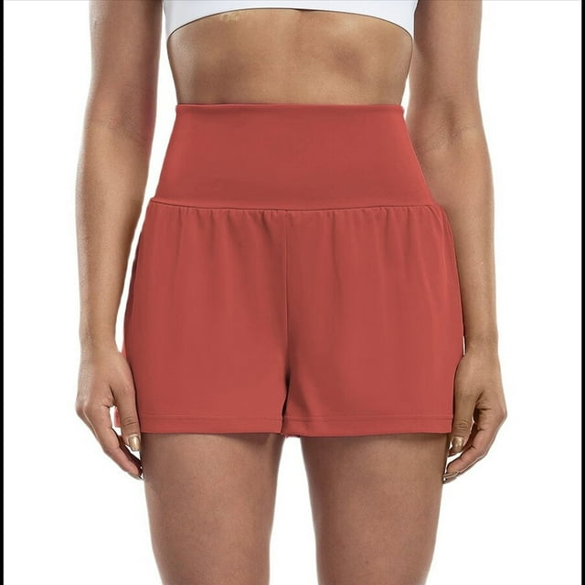 Pantalones Cortos Fluidos para Correr, para Mujer, para Entrenamiento, Atletismo, Gimnasio, Yoga, Cintura Alta, con Bolsillos, Verano. Marrón Rojo M