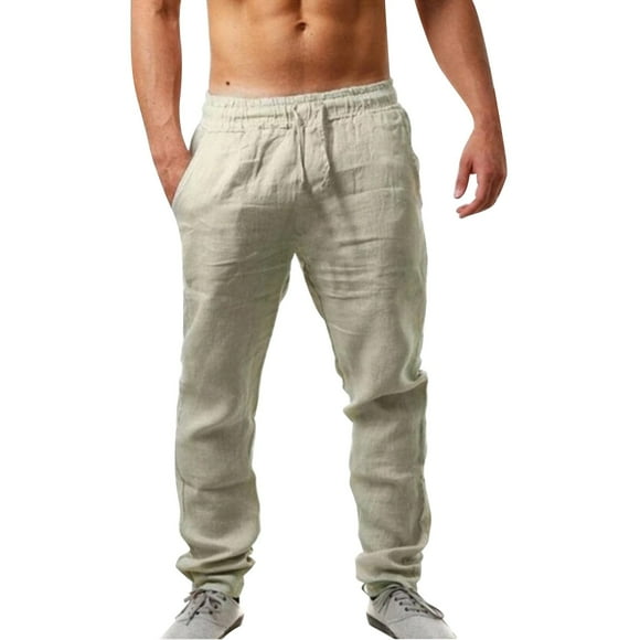 Beige Golf Pants, Linen Mens Trousers, Chef Pants, Men's Elastic Pants Solid Color Breathable Loose Casual Pants