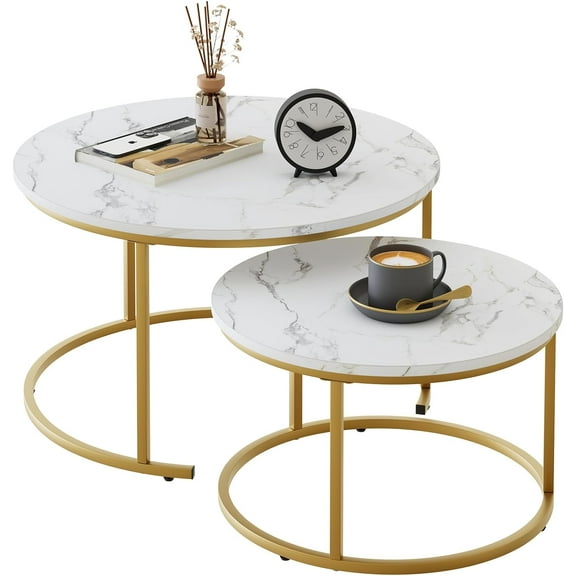 31" Inch Round Nesting White Marble Coffee Tables