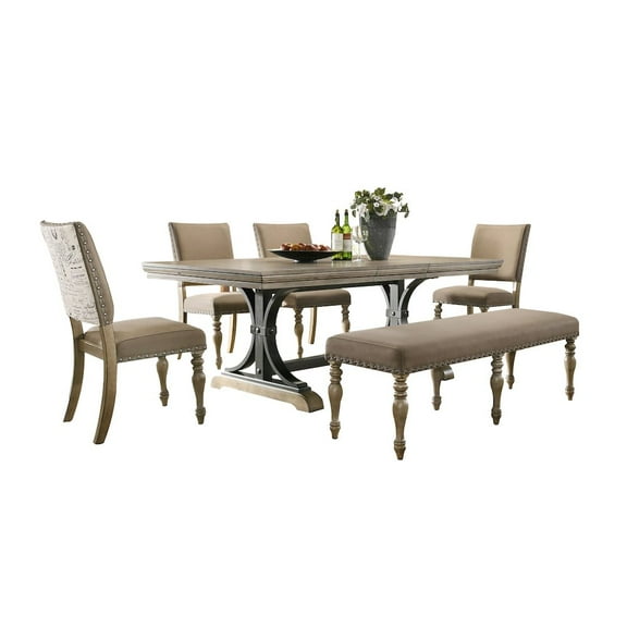 Birmingham Nailhead 6-Piece Table with Nail Head Bench Dining Set, Driftwood