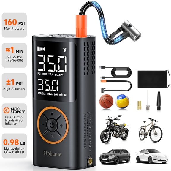 Ophanie Cordless Portable Tire Inflator - 160 PSI, Air Pump for Car Tires, Bike, Bicycle, Motorcycles, Electric Pump with LED Light & Digital Pressure Gauge