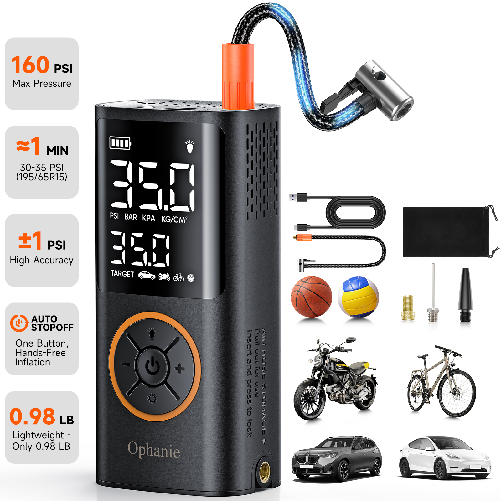 Ophanie Cordless Portable Tire Inflator, 160 PSI