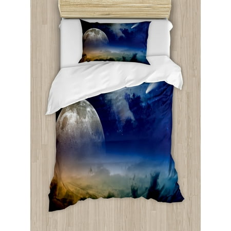 Moon Duvet Cover Set Full Moon Rising With Shooting Star Cloudy