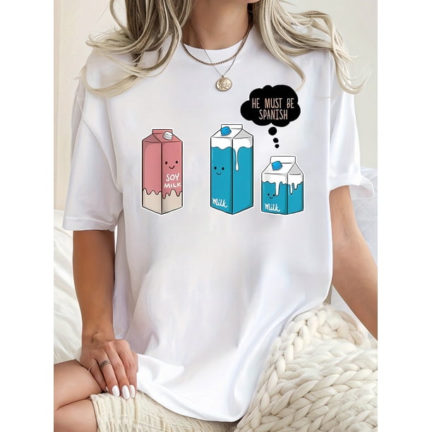 Women's Fashionable Black T-Shirt with Abstract English Milk Carton Design - Casual Round Neck Short Sleeve, Comfortable Polyester Blend, Perfect for Summer