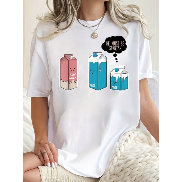 Camiseta De Verano MujerWomen's Fashionable Black T-Shirt with Abstract English Milk Carton Design - Casual Round Neck Short Sleeve, Comfortable Polyester Blend, Perfect for SummerFather's Day, Moth