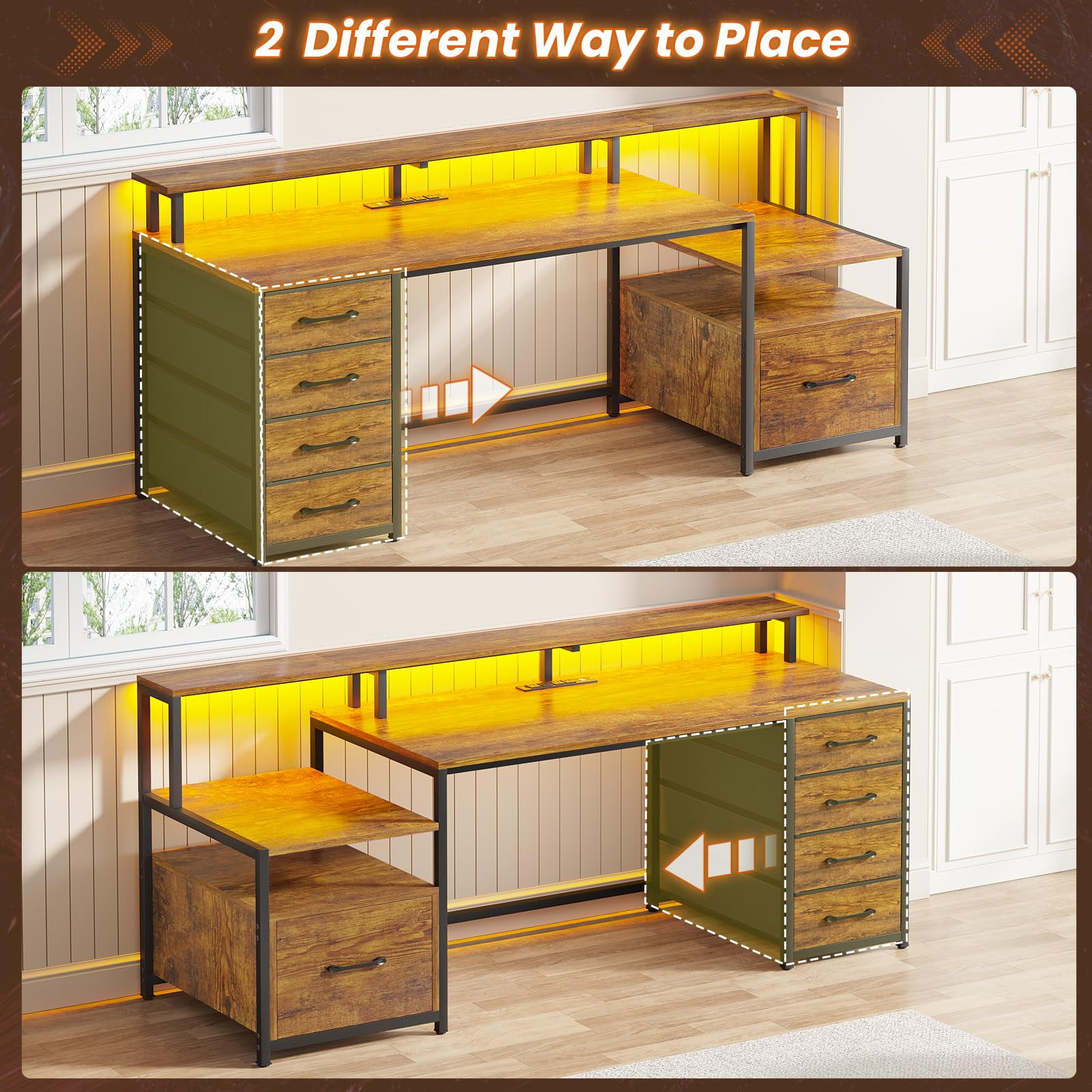 SEDETA 66" Computer Desk with File Drawer & Power Outlet, Home Office Desk with 5 Drawer and Storage Shelves, Printer Cabinet and Monitor Shelf, Gaming Desk with Led Lights, Rustic Brown