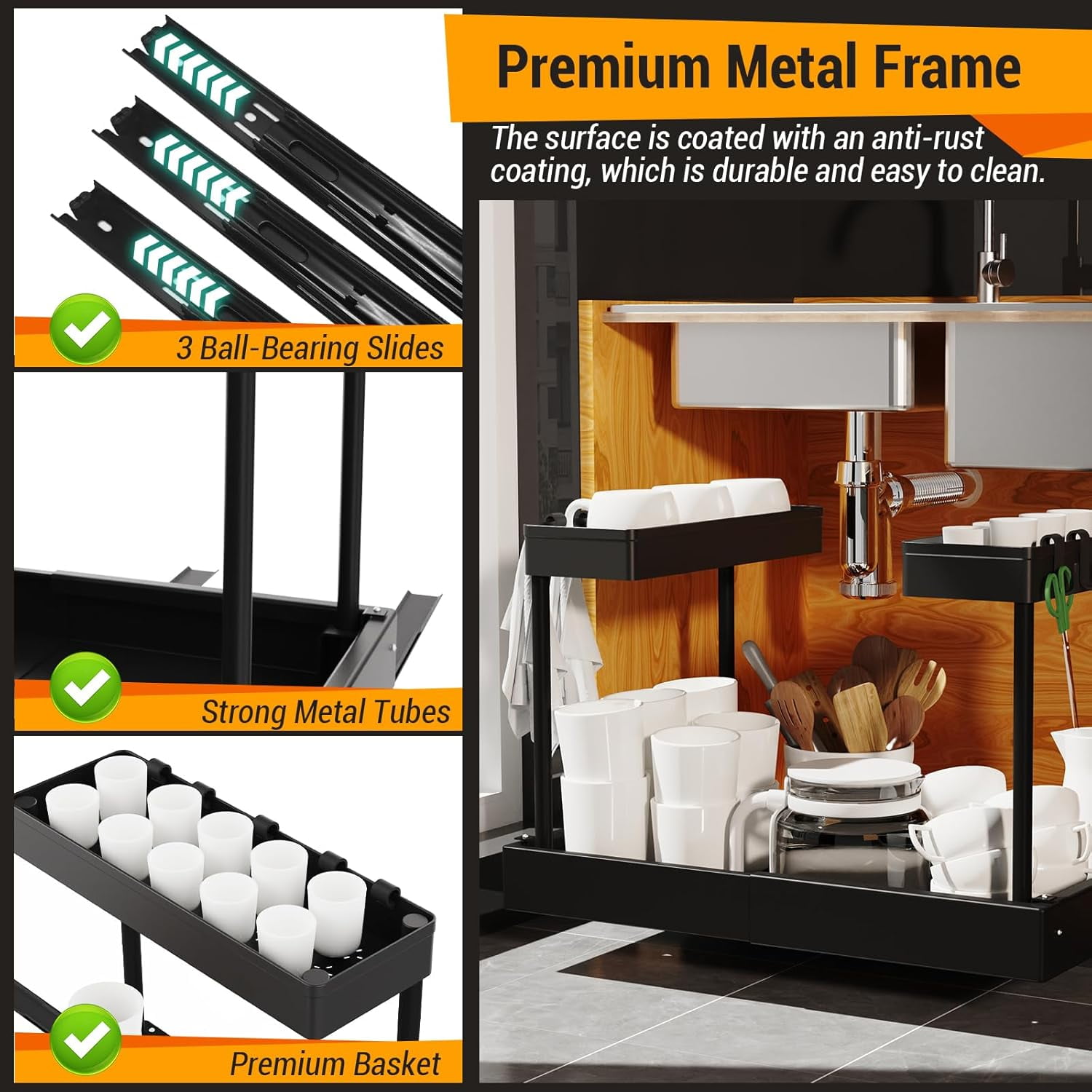 Expandable Under Sink Organizers and Storage, 2 Tier Pull Out Cabinet Organizer with 3 Ball-Bearing Slides, Metal Slide Out Drawers for Kitchen Bathroom, White
