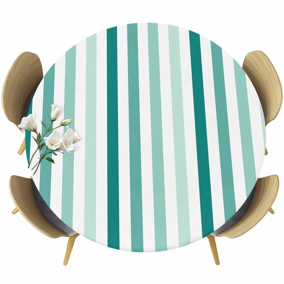 Green Stripe Round Tablecloth, Fitted Table Cover with Elastic for 36"-44" Round Tables, Gradient Geometric White Vertical Striped Table Cloth Outdoor Indoor Dinning Party Waterproof Tablecloths