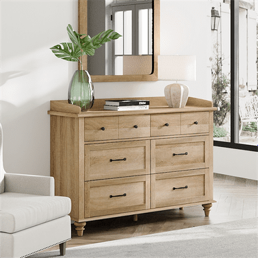 Wood Kids Dresser with 6 Drawers, Oak Nursery Dresser Chest of Drawers, Mid-Century Dresser for Bedroom