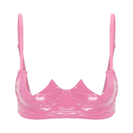 Zaldita Women s V-Notch Underwired Cupless Bra Tops Lingerie Patent Leather Brassiere Clubwear Hot Pink 3XL