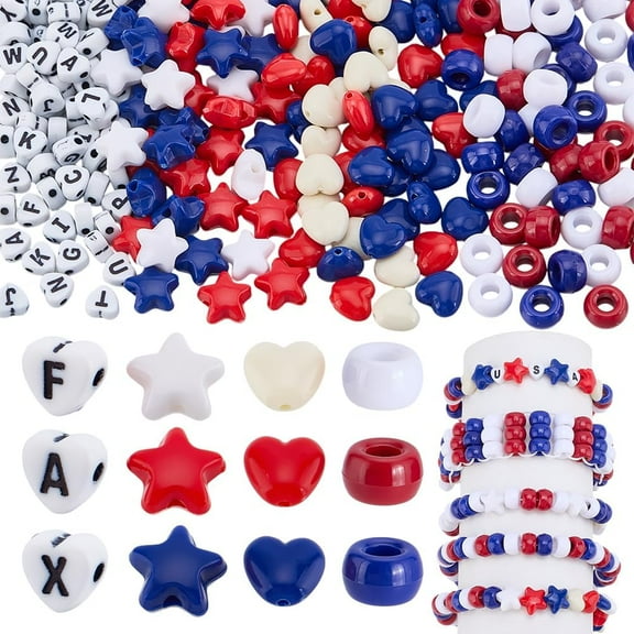 790pcs Acrylic Pony Beads 9mm Patriotic Beads Heart Star Letter Bead Red White Blue Craft Bead