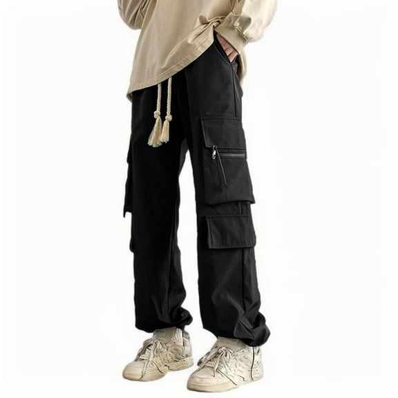 Fashion YLSDY Mens Solid Color Cargo Trousers with Pocket 2025 Tactical Hiking Work Baggy Joggers Going Out Pants Lounge Trousers Black 16