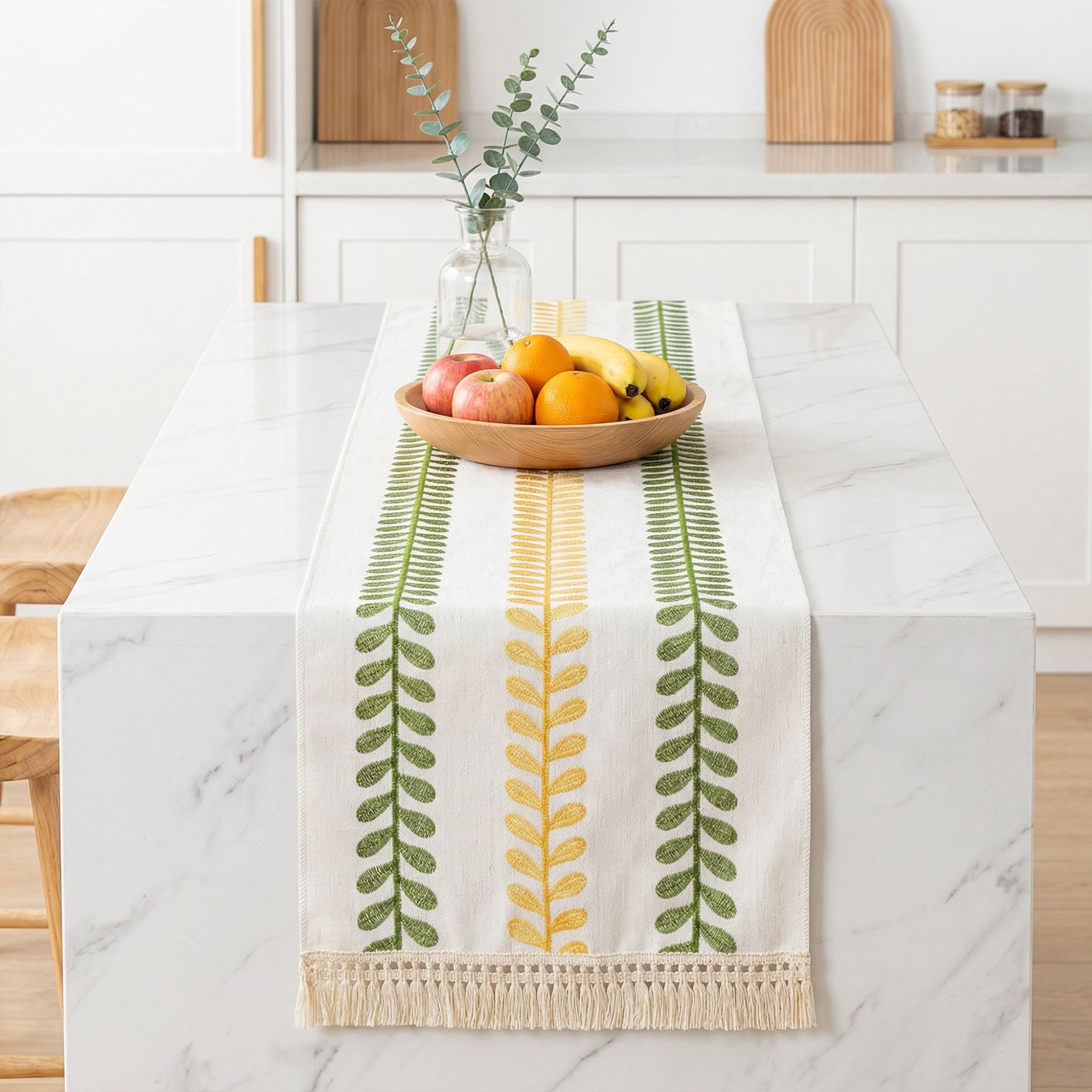 Unique Bargains Polyester Floral with Tassel Table Runner for Decor Green 15.4"x94.5"