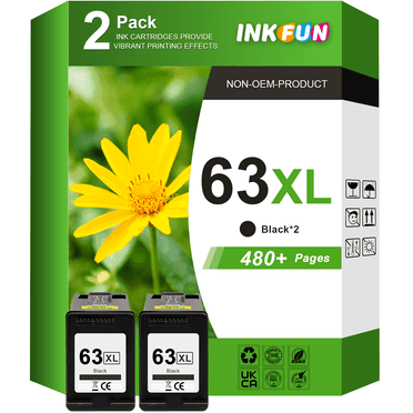 63XL Black Ink Cartridges Compatible for HP 63 Black Ink for HP Ink 63 (2 Black)