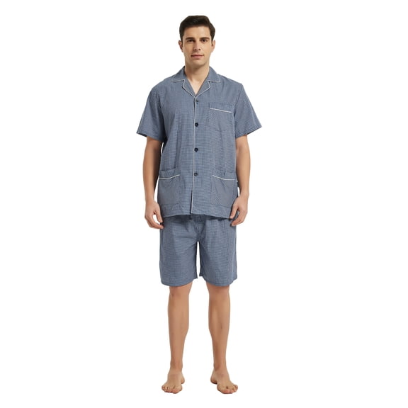 Men Cotton Pajama Shorts For Men Lightweight Plaid Soft Nightwear Short Sleeves PJS With Pockets