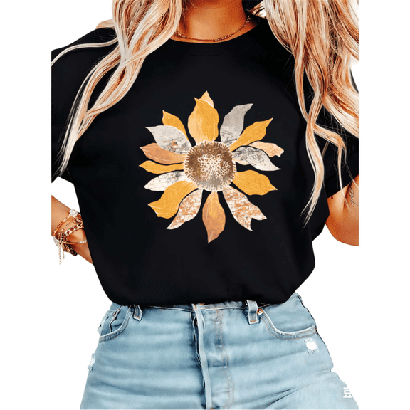 UNISHE Women's Vintage Collage Sunflower Graphic Short Sleeve T-Shirt Casual Cotton Crewneck Top