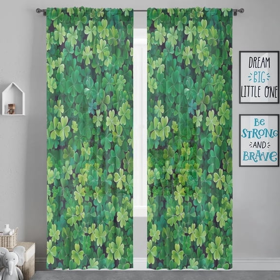 St Patricks Day Sheer Curtains 84 Inches Long Clover Green Leaves 2 Panels Rod Pocket Voile Window Curtain Set Drapes for Living Room Bedroom Dining Room, 52 W x 84 L