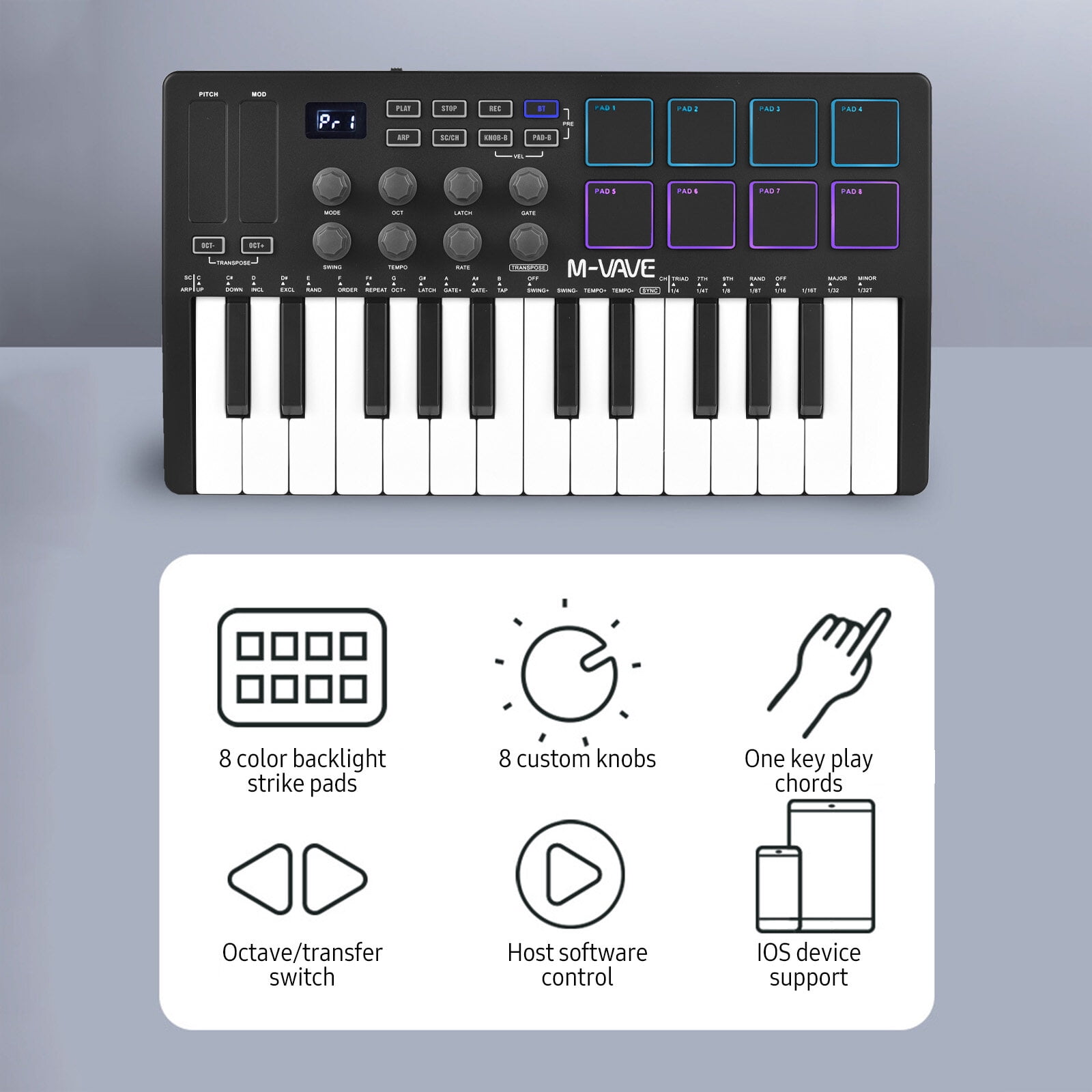 M-VAVE 25-Key MIDI Control Keyboard Mini Portable USB Keyboard MIDI Controller with 25 Velocity Sensitive Keys 8 RGB Backlit Pads 8 Knobs