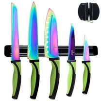 SiliSlick 5-Piece Kitchen Knife Set, Rainbow Titanium Blades with Rack & Portable Sharpener