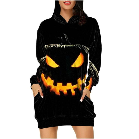 Women's Halloween Costumes Pumpkin Graphic Hoodie V Neck Long Sleeve Midi Dress Punk Vintage Y2K Dresses