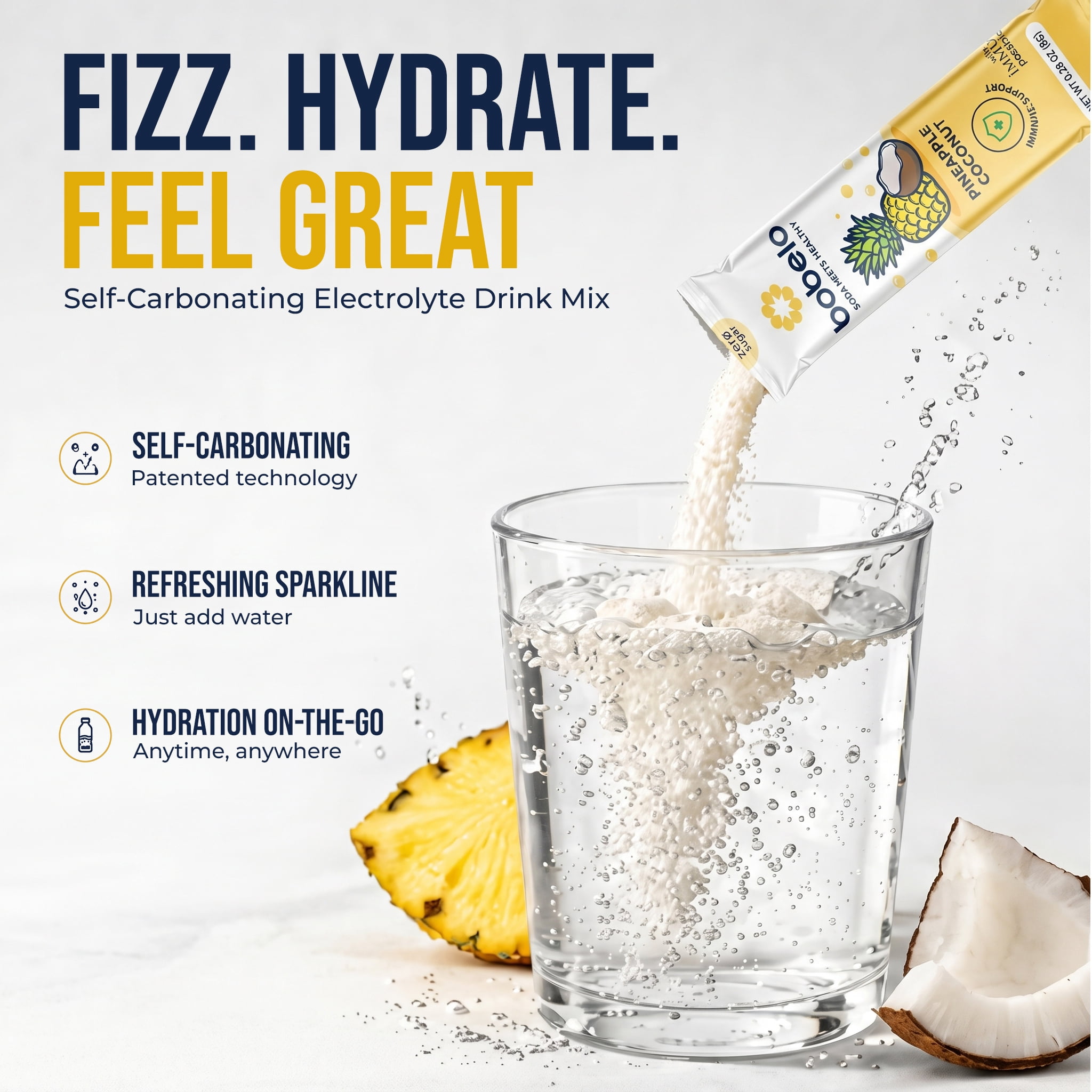 Bobelo Hydration Drink Mix, Pineapple Coconut, Electrolyte Powder, Stress Support, 15 Ct, 0.28 oz